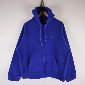 Vintage Polo Ralph Lauren Full Zip Fleece Hoodie Blue Size Large 26x26.5